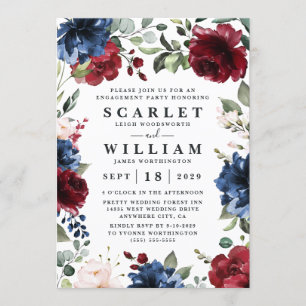 Navy Blue and Burgundy Blush Pink Engagement Party Invitation