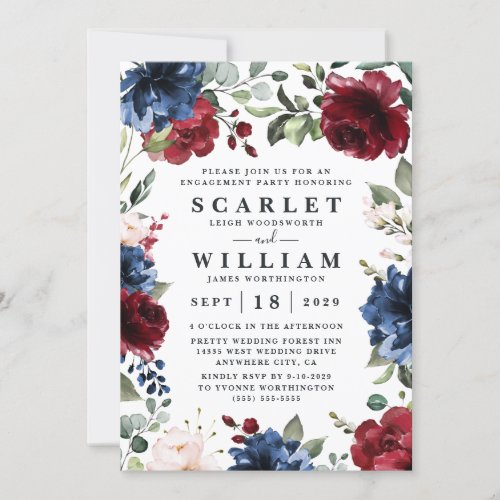 Navy Blue and Burgundy Blush Pink Engagement Party Invitation