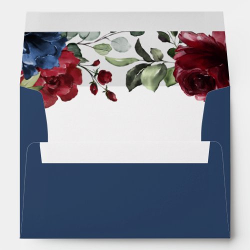 Navy Blue and Burgundy Blush Pink Floral Wedding Envelope