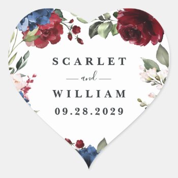 Navy Blue And Burgundy Blush Pink Floral Wedding Heart Sticker by RusticWeddings at Zazzle