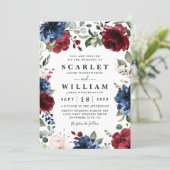 Navy Blue and Burgundy Blush Pink Floral Wedding Invitation (Standing Front)