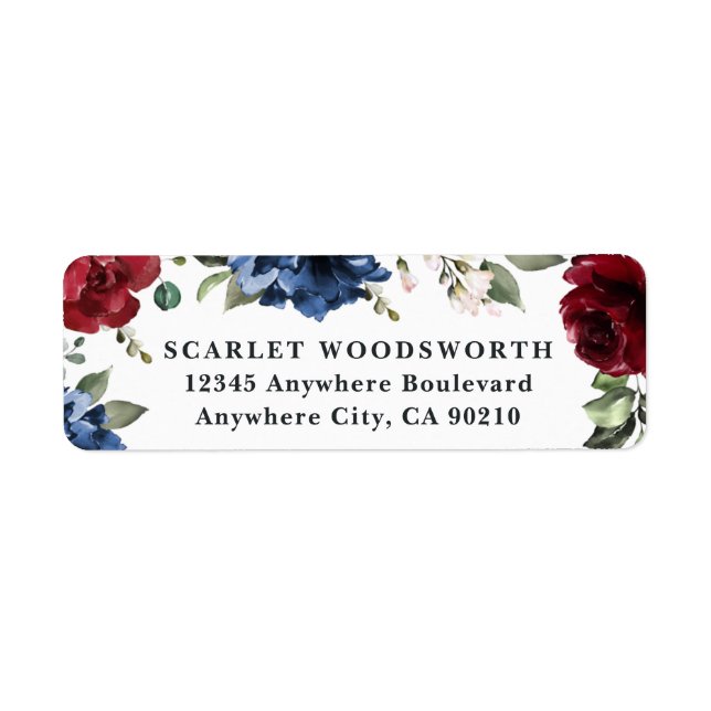 Navy Blue and Burgundy Blush Pink Floral Wedding Label (Front)