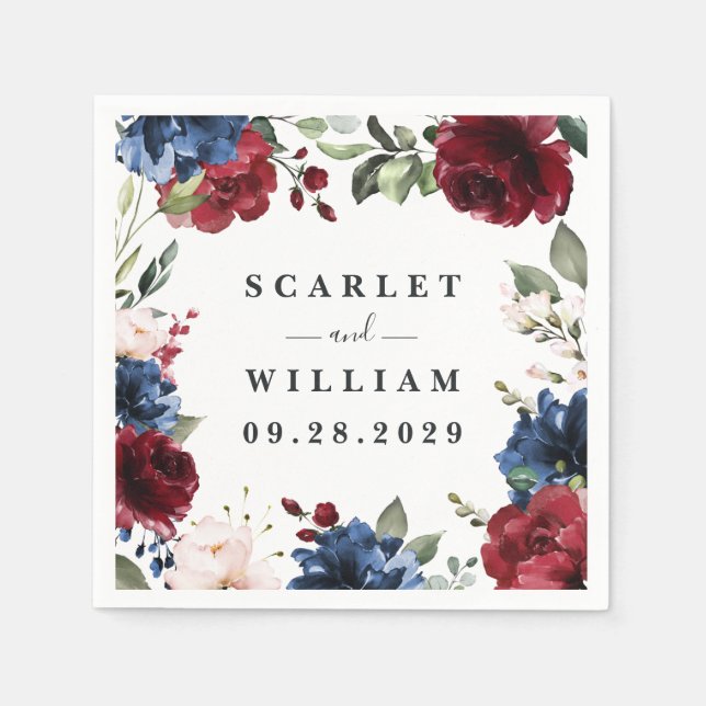 Navy Blue and Burgundy Blush Pink Floral Wedding Napkins (Front)
