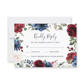 Navy Blue and Burgundy Blush Pink Floral Wedding RSVP Card