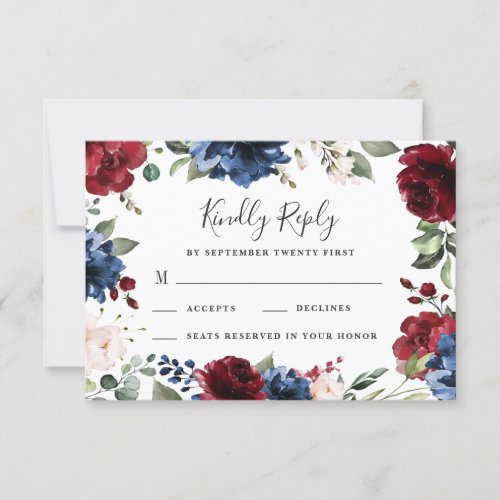 Navy Blue and Burgundy Blush Pink Floral Wedding RSVP Card