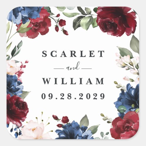 Navy Blue and Burgundy Blush Pink Floral Wedding Square Sticker