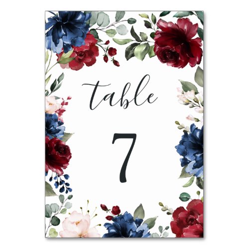 Navy Blue and Burgundy Blush Pink Floral Wedding Table Number