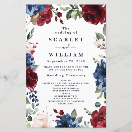 Navy Blue and Burgundy Blush Pink Wedding Programs