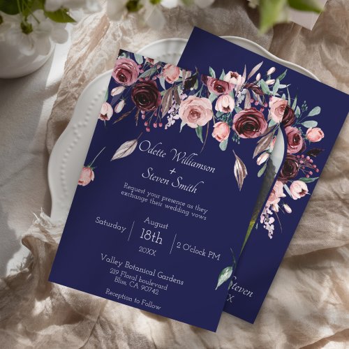 Navy Blue and Burgundy Botanical Photo Wedding Invitation