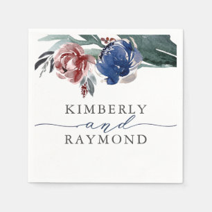 Navy Blue and Burgundy Elegant Floral Wedding Napkins