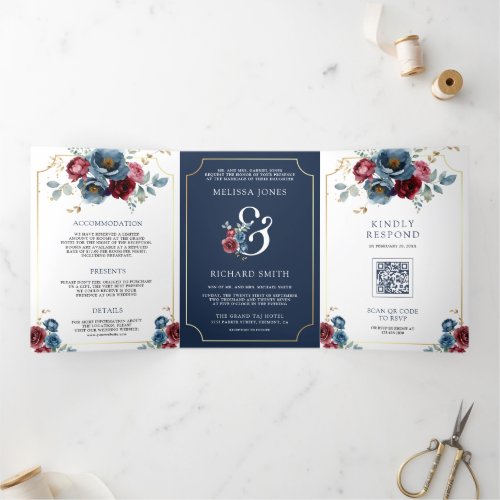 Navy Blue and Burgundy Floral Ampersand Wedding Tri_Fold Invitation