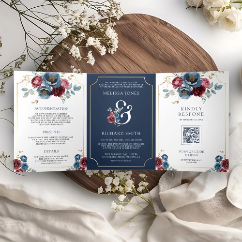 Navy Blue and Burgundy Floral Ampersand Wedding Tri_Fold Invitation