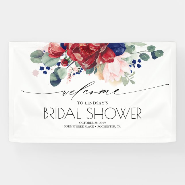 Navy Blue and Burgundy Floral Bridal Shower Banner (Horizontal)