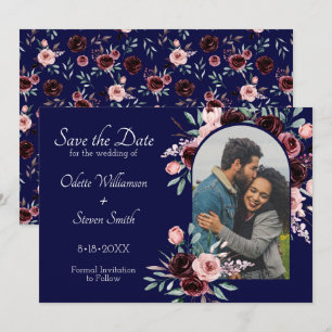 Navy Blue and Burgundy Floral Photo Wedding Save The Date