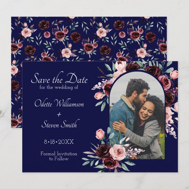 Navy Blue and Burgundy Floral Photo Wedding Save The Date (Front/Back)