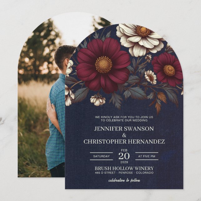 Navy Blue and Burgundy Floral Wedding Invitation (Front/Back)