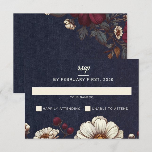 Navy Blue and Burgundy Floral Wedding RSVP Card (Front/Back)
