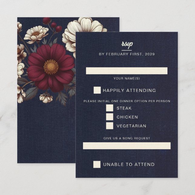Navy Blue and Burgundy Floral Wedding RSVP Card (Front/Back)