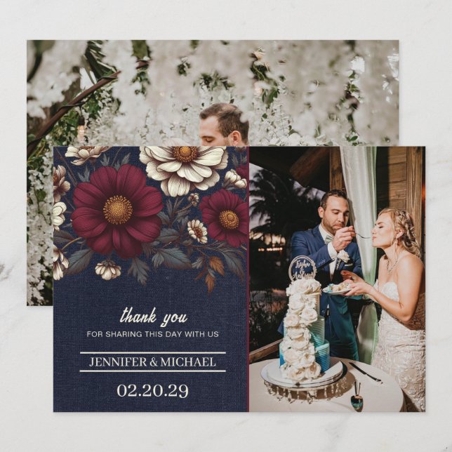 Navy Blue and Burgundy Floral Wedding Thank You Card (Front/Back)