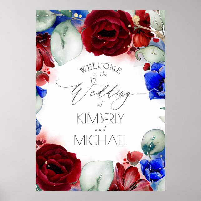 Navy Blue and Burgundy Floral Wedding Welcome Poster (Front)