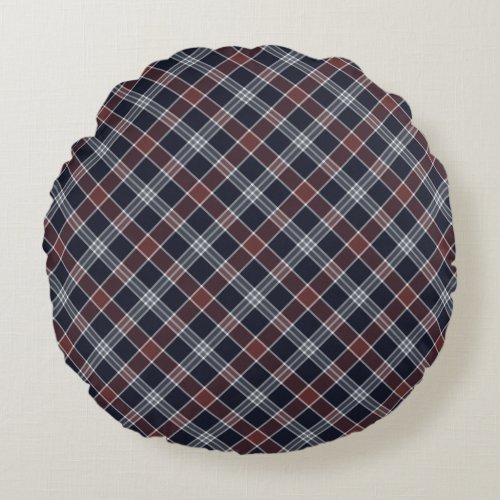 Navy Blue and Burgundy Plaid Round Pillow