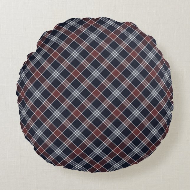 Navy Blue and Burgundy Plaid Round Pillow (Front)