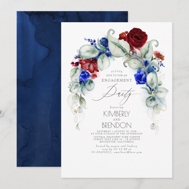 Navy Blue and Burgundy Red Floral Engagement Party Invitation (Front/Back)