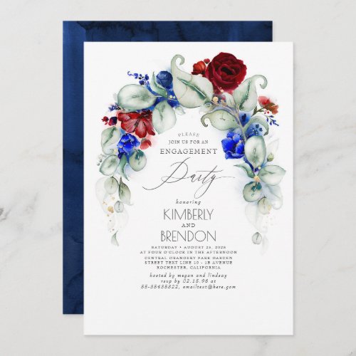 Navy Blue and Burgundy Red Floral Engagement Party Invitation