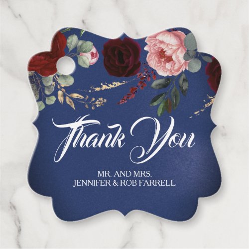 Navy Blue and Burgundy Red Floral Modern Wedding Favor Tags