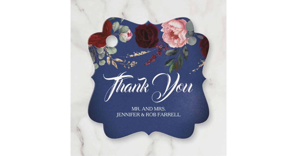 Navy Blue and Burgundy Red Floral Modern Wedding Favor Tags | Zazzle