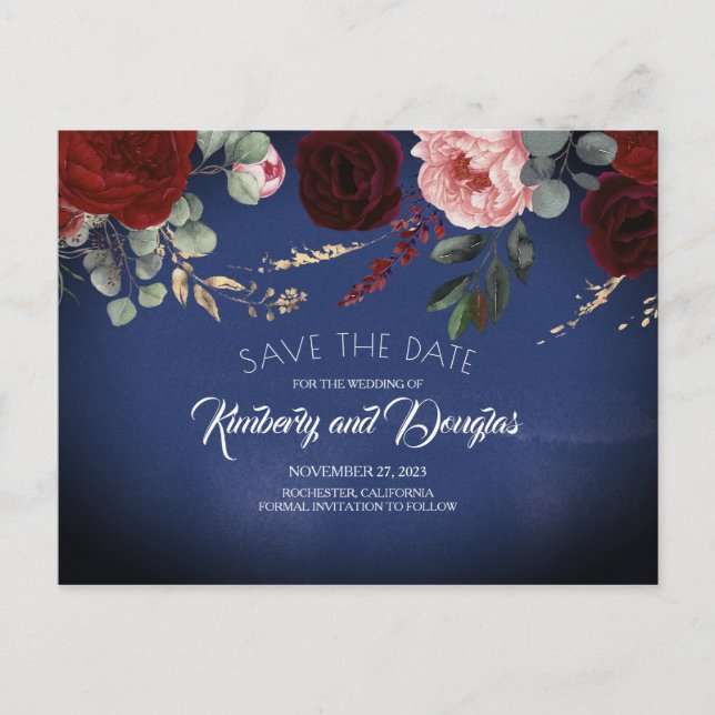 Navy Blue and Burgundy Red Floral Save the Date Announcement Postcard (Front)