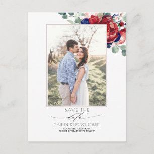 Navy Blue and Burgundy Red Floral Save the Date Announcement Postcard
