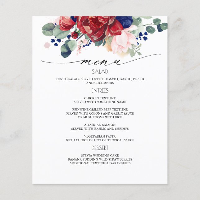 Navy Blue and Burgundy Red Floral Wedding Menu Flyer (Front)