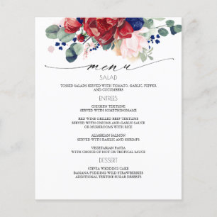 Navy Blue and Burgundy Red Floral Wedding Menu Flyer