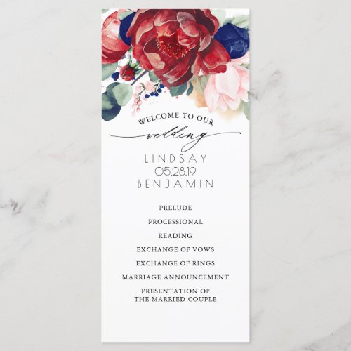 Navy Blue and Burgundy Red Floral Wedding Programs