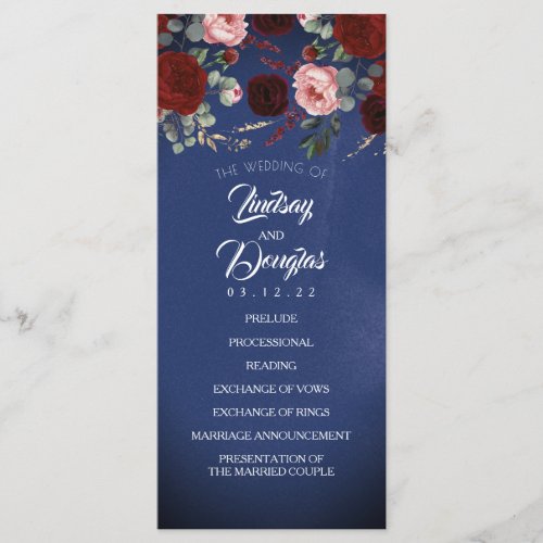 Navy Blue and Burgundy Red Floral Wedding Programs