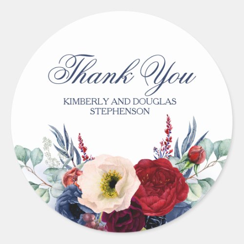 Navy Blue and Burgundy Red Floral Wine Thank You Classic Round Sticker