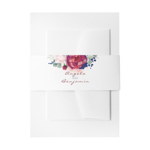 Navy Blue and Burgundy Red Flowers Wedding Invitation Belly Band