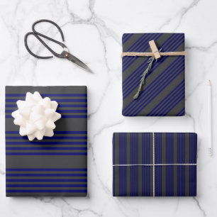 Navy blue and charcoal five stripes pattern wrapping paper sheets