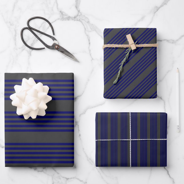 Navy blue and charcoal five stripes pattern wrapping paper sheets (Front)