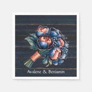 Navy Blue and Copper Peony Bouquet Wood Wedding Napkins