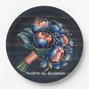 Navy Blue and Copper Peony Bouquet Wood Wedding Paper Plates