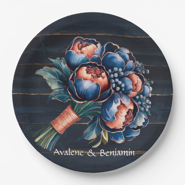 Navy Blue and Copper Peony Bouquet Wood Wedding Paper Plates (Front)