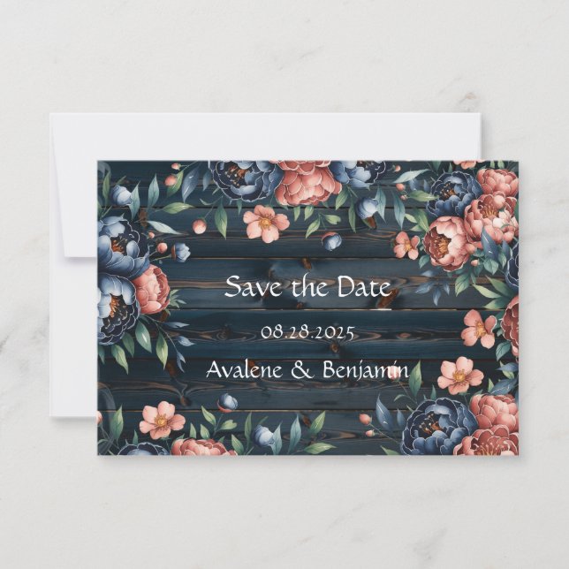 Navy Blue and Copper Peony Bouquet Wood Wedding Save The Date (Front)