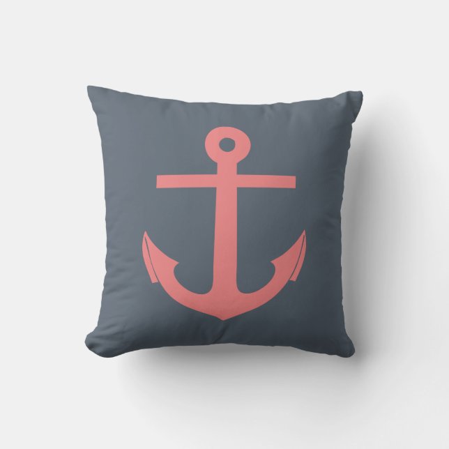 Navy Blue and Coral Anchor Nautical Throw Pillow (Front)