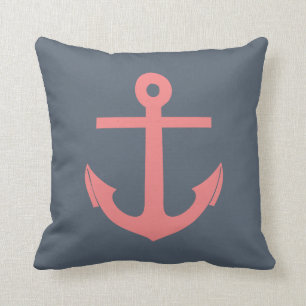Navy Blue and Coral Anchor Nautical Throw Pillow