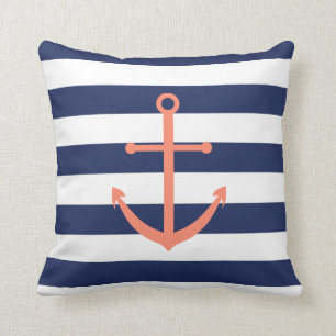 Navy Blue and Coral Anchor Pillow
