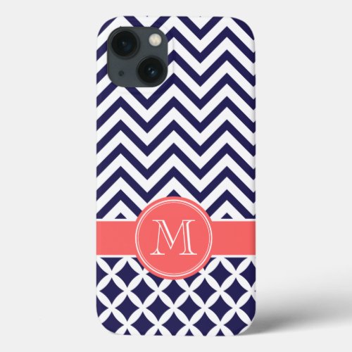 Navy Blue and Coral Chevron Custom Monogram iPhone 13 Case