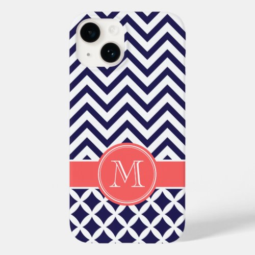 Navy Blue and Coral Chevron Custom Monogram Case_Mate iPhone 14 Case