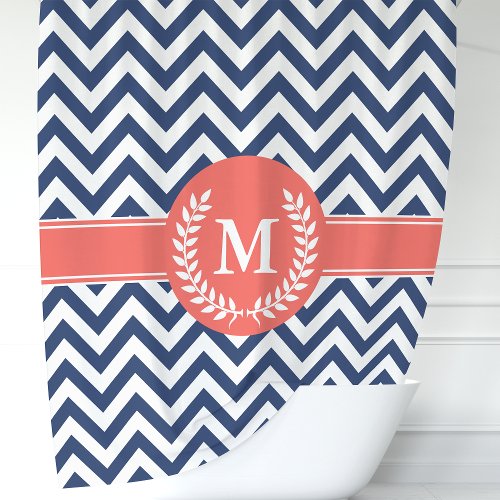 Navy Blue And Coral Chevron Laurel Monogram Shower Curtain